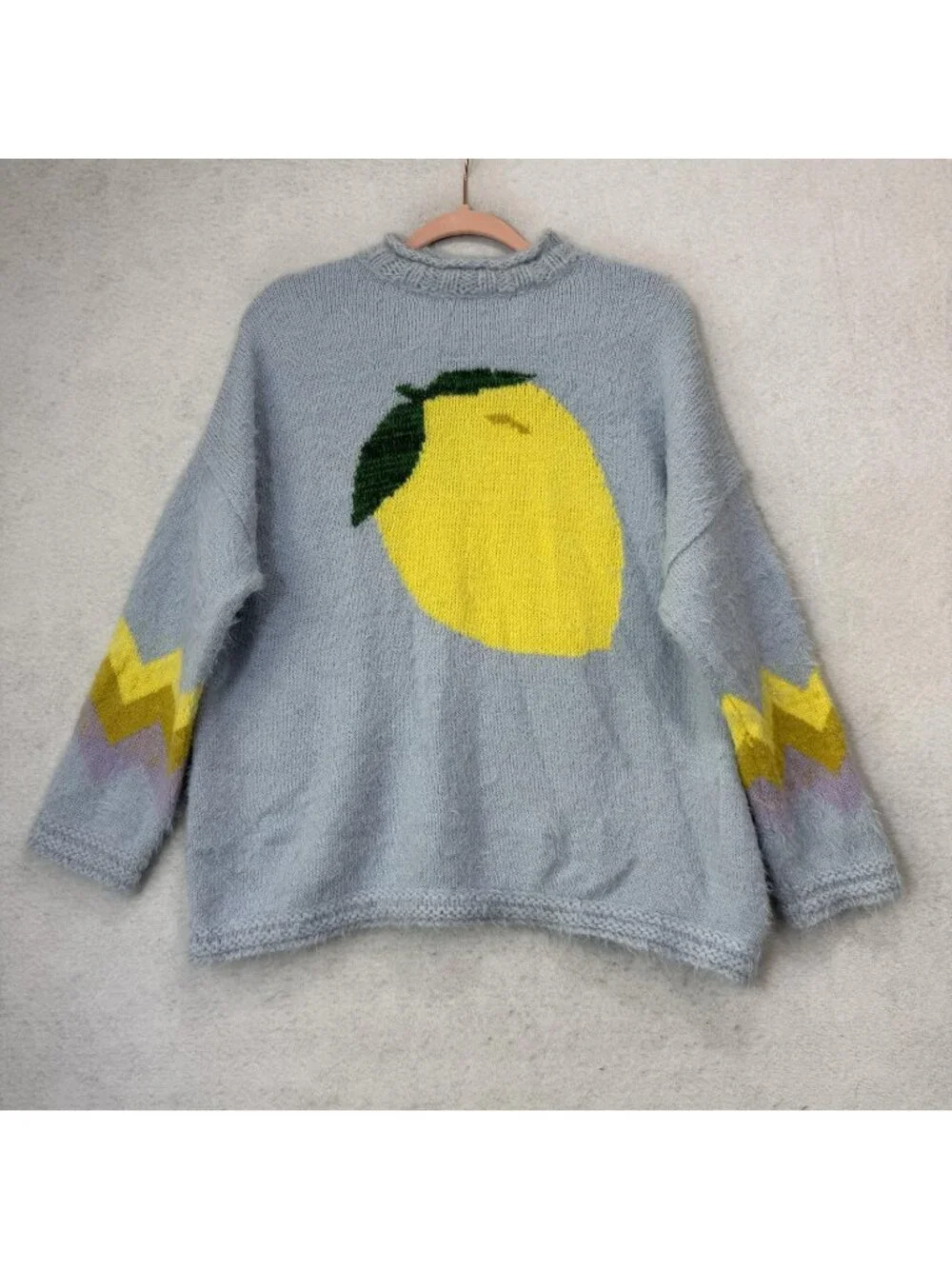 Free People Sweater Womens XS Blue Lemon Graphic Mock Neck Fuzzy Knit Pullover